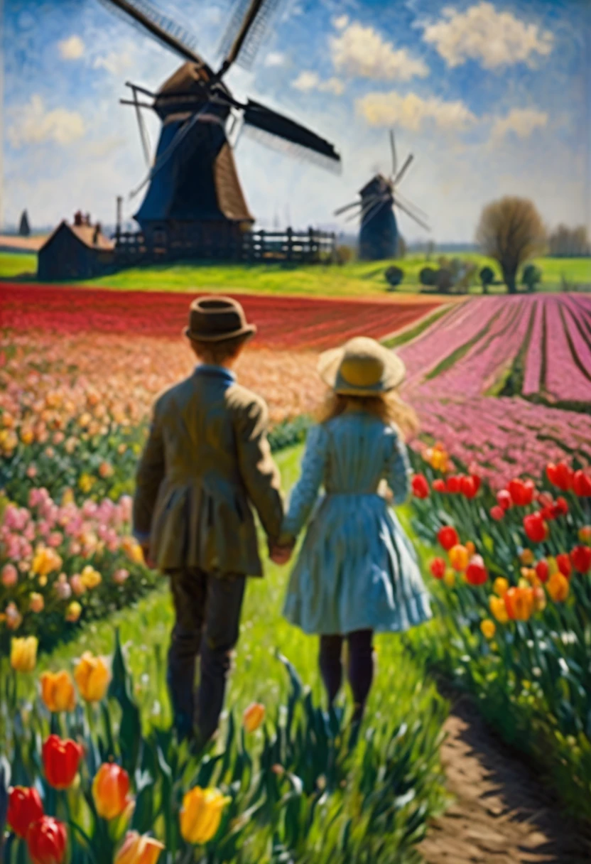 Claude Monet Style, 1boy and 1girl in a field of tulips , in the distance a windmill , Inspired by Claude Monet, Pierre-Auguste Renoir, Édouard Manet, Camille Pissarro, Alfred Sisley, Berthe Morisot, Gustave Caillebotte, Mary Cassatt, Armand Guillaumin, Edgar Degas. impressionism oil on canvas hyperdetailed 8K 3D 8k resolution