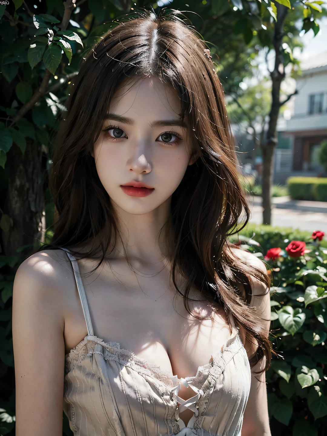 1girl, (looking at viewer:1.2), detail face, (a girl standing, rending on cgsociety, Rose bush backdrop), romanticism, atmospheric, (RAW photo, best quality), (realistic, photo-realistic:1.3), masterpiece, an extremely delicate and beautiful, extremely detailed, D cup,Cleavage,Translucent light brown tube top 1.5)