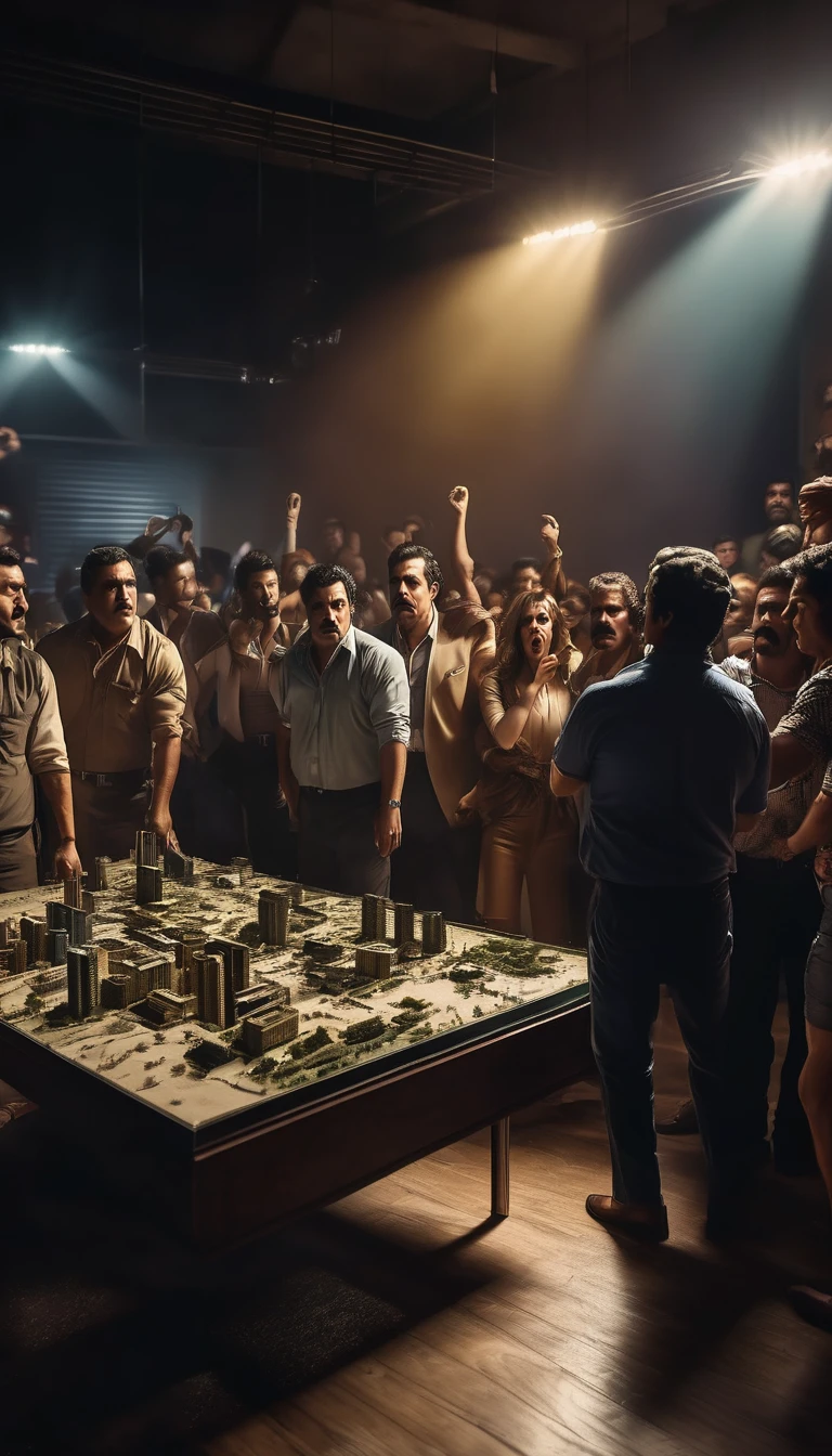 A frightened crowd or violent victims of Pablo Escobar's cartel, detail, shot, dramatic, daylight, indoor studio lights, medium shot , highly detailed, detailed textures, medium shot, ultrawide, full length shot, realistic, bright, ultrarealistic, realistic focus face, bright scene, city, 8k ,hyper realistic, ultra detailed hyper realistic, photorealistic, Studio Lighting, reflections, Cinematic, historical accuracy, Color Grading, Photography, Shot on 50mm lens, Depth of Field, hyper-detailed, beautifully color, 8k