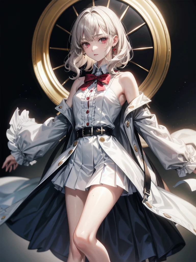 student, duffle coat, absurdres, RAW photo, extremely delicate and beautiful, masterpiece, Best Quality, ultra high resolution, 32k, hyperrealistic, ultra-detailed, detailed description, pale skin, 20 years old, tearful mole, earring, short medium hair, wavy hair, whole body shot, legs, Red eyes,