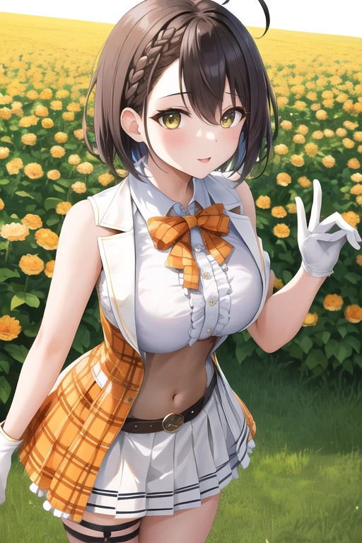 masterpiece, highest quality, High resolution, sorry, short hair, Ahoge, French Braid, For the mini, Orange ribbon, Plaid, Sleeveless shirt, Center frill, Arm strap, White gloves, Navel clipping, belt, White Skirt, mini skirt, Are standing, Cowboy Shot, Outdoor, Field, Arms at your sides,