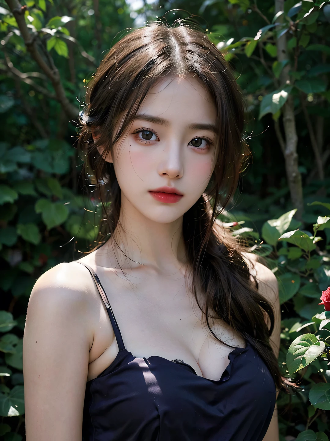 1girl, (looking at viewer:1.2), detail face, (a girl standing, rending on cgsociety, Rose bush backdrop), romanticism, atmospheric, (RAW photo, best quality), (realistic, photo-realistic:1.3), masterpiece, an extremely delicate and beautiful, extremely detailed, D cup,Cleavage,Translucent light brown tube top 1.5)