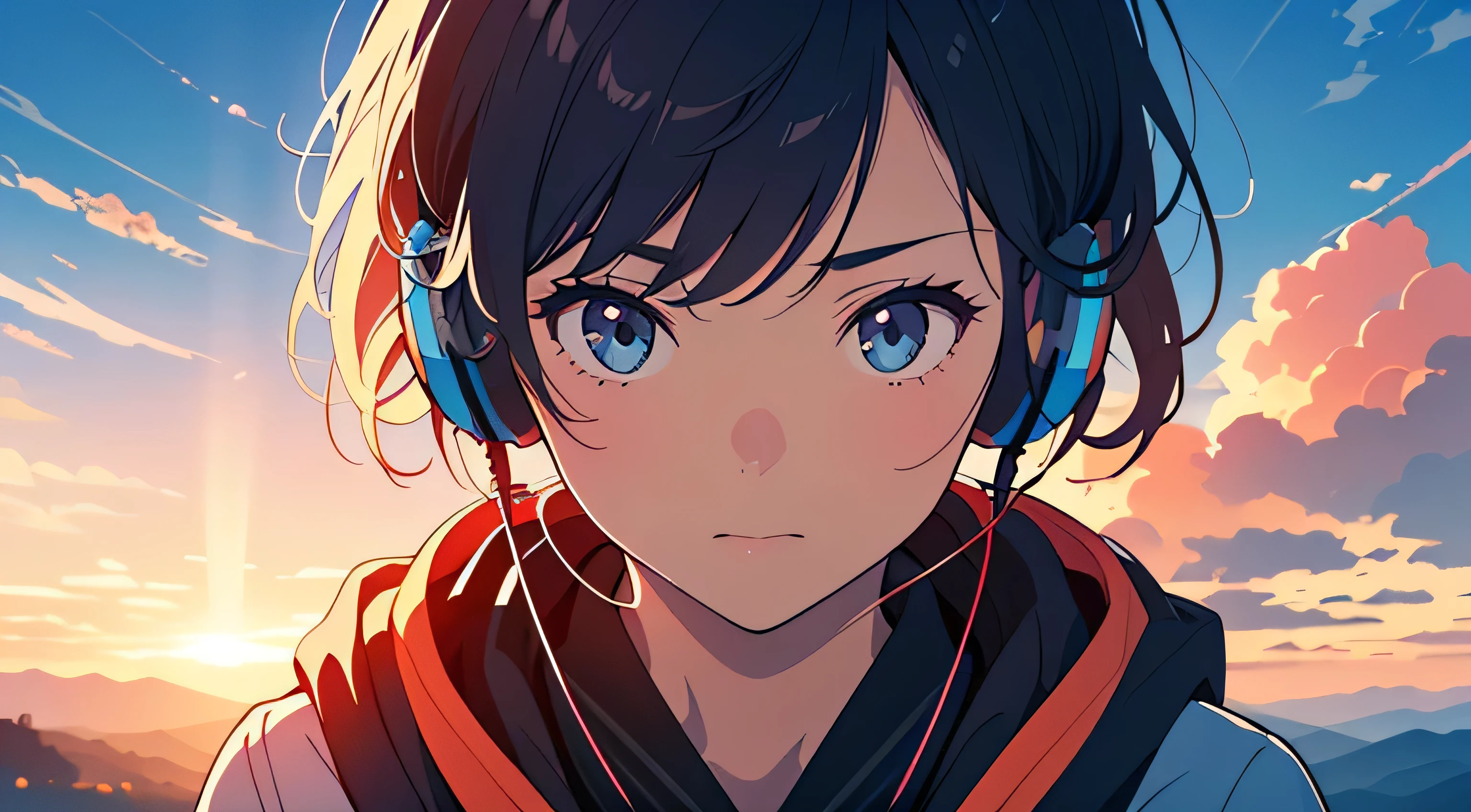 Absurd, High resolution, (Official Art, beautifully、aesthetic:1.2), Close-up, Bright Sky, A vast world, girl, Wear headphones, stare, Awe-inspiring expressions, Distant Horizon, cloud, High Hill, Natural Beauty, Inspiration, Light effects,