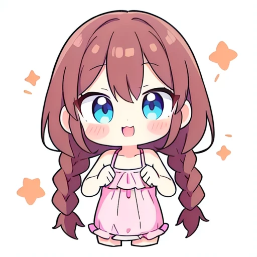 chibi emoji of an lewd anime girl with reddish brown hair, blue eyes, and thick twin braids, big , wearing a cute swim suit pink colors  Ensure her expression is cheerful and friendly, with a hint of mischief.