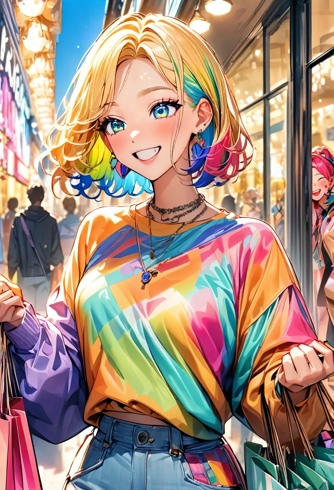 Portrait of a girl happily shopping with friends, Beautiful detailed eyes, Beautiful detailed lips, Highly detailed eyes and face, Long eyelashes, Bright colors, Soft lighting, High quality illustrations, Shopping bag, Trending Fashion, Fun expression, Bustling mall, Fashionable accessories, Stylish shoes, Window Display, fashion magazine, Modern fashion trends, Confident posture, Trendy hairstyle, Bright colors, Vibrant atmosphere, Trendy Boutiques, Happy laughter, Carefree moments, like々New Energy, Shopping spree, Convivial atmosphere, A hilarious conversation, Colorful shopping scene, Fashionable outfits, Trendy fashion items. (highest quality, High resolution), Bright colors, Stylish portrait.