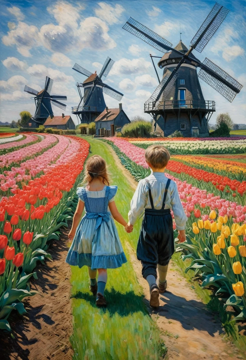 Claude Monet Style, 1boy and 1girl in a field of tulips , in the distance a windmill , Inspired by Claude Monet, Pierre-Auguste Renoir, Édouard Manet, Camille Pissarro, Alfred Sisley, Berthe Morisot, Gustave Caillebotte, Mary Cassatt, Armand Guillaumin, Edgar Degas. impressionism oil on canvas hyperdetailed 8K 3D 8k resolution