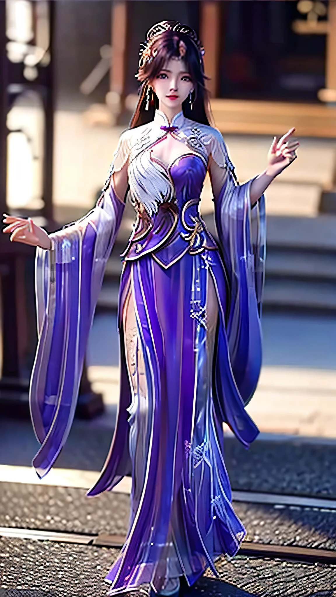 4k, 8k, virtual reality, high quality, ((yun xi)), young purple hair, revealing the whole body, wearing purple gem earrings, ((traditional Chinese dress, volcanic background)) 