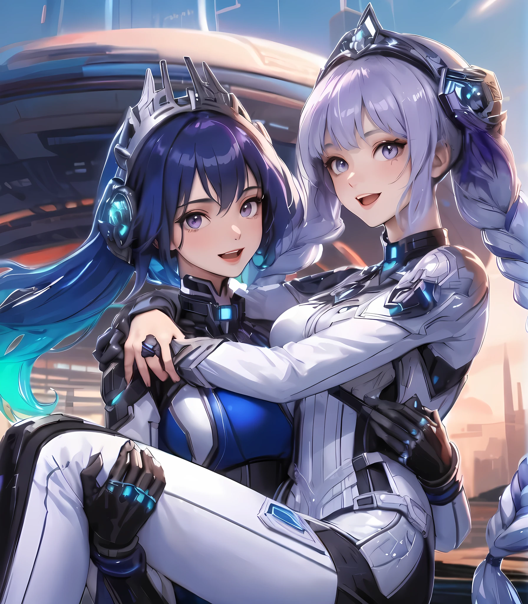 2ladies, (1lady princess-carrying the other), standing, (futuristic costume) stylish, mature female, (masterpiece best quality:1.2) delicate illustration ultra-detailed, large breasts BREAK 1lady, (light purple long hair), twin braid, blush happy smile, (open mouth) BREAK 1lady, (dark blue long hair), (kind smile) BREAK (futuristic city) outdoors, soft lighting, science fiction, detailed background