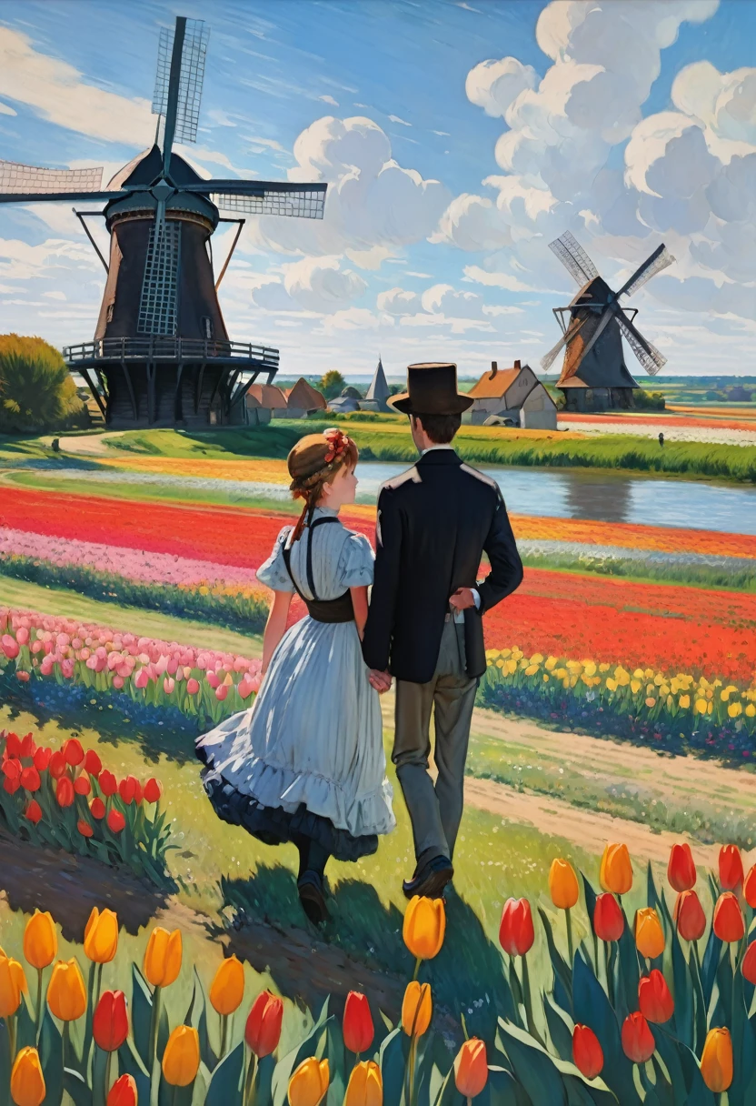 Claude Monet Style, 1boy and 1girl in a field of tulips , in the distance a windmill , Inspired by Claude Monet, Pierre-Auguste Renoir, Édouard Manet, Camille Pissarro, Alfred Sisley, Berthe Morisot, Gustave Caillebotte, Mary Cassatt, Armand Guillaumin, Edgar Degas. impressionism oil on canvas hyperdetailed 8K 3D 8k resolution