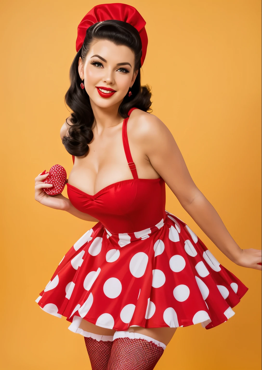 Full length photo of a girl holding a gift in her hand. realistic 35 year old sexy emotional brunette. Her lips are slightly tubular. Squinted gaze, laughs, adding mystery and sexuality. She touches her feet with surprise, taking a sexual position. The model is made in pin-up style with hair styled in victory rolls style. She has plump sexy red lips, she has average breasts and blows a sexy kiss. She portrays an American housewife, posing with a gift in various sexual positions. Her long black hair and open mouth give her the look of a pin-up girl.. She is on a white background, red retro dress with large polka dots with fluffy, voluminous ballerina skirt bouffant dress. red retro bouffant dress with polka dots in pin-up style with large polka dots, a fluffy, voluminous ballerina skirt and a tutu. A red bandana on the head., and red stockings on her legs wears a red retro dress with large polka dots with a fluffy voluminous ballerina skirt. Red bandana on head, and red stockings on my feet. The photo is made in pin-up style, emphasizing the retro-USA vibe. looks down closed eyes open mouth body turn she is sitting