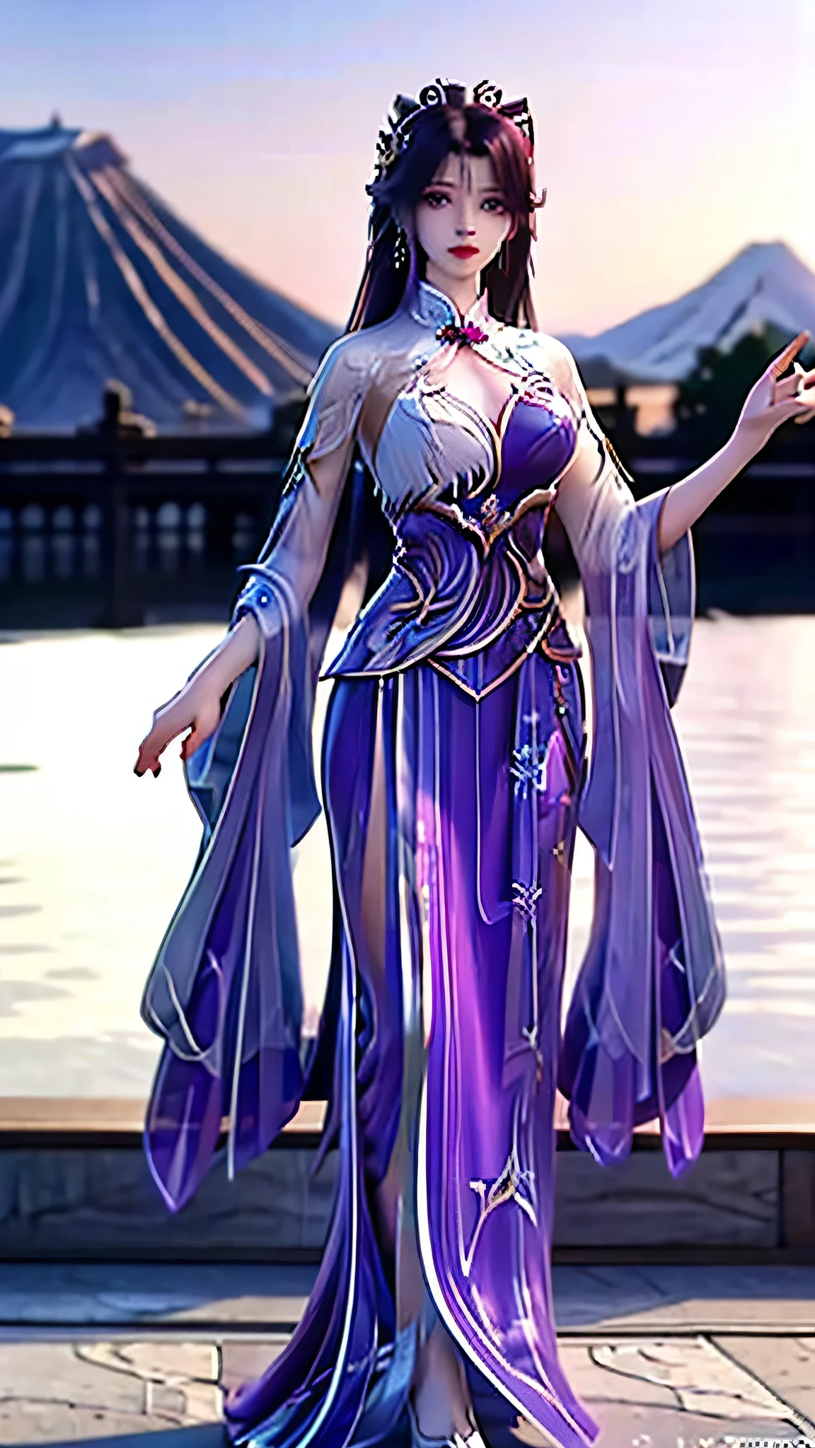 4k, 8k, virtual reality, high quality, ((yun xi)), young purple hair, revealing the whole body, wearing purple gem earrings, ((traditional Chinese dress, volcanic background)) 