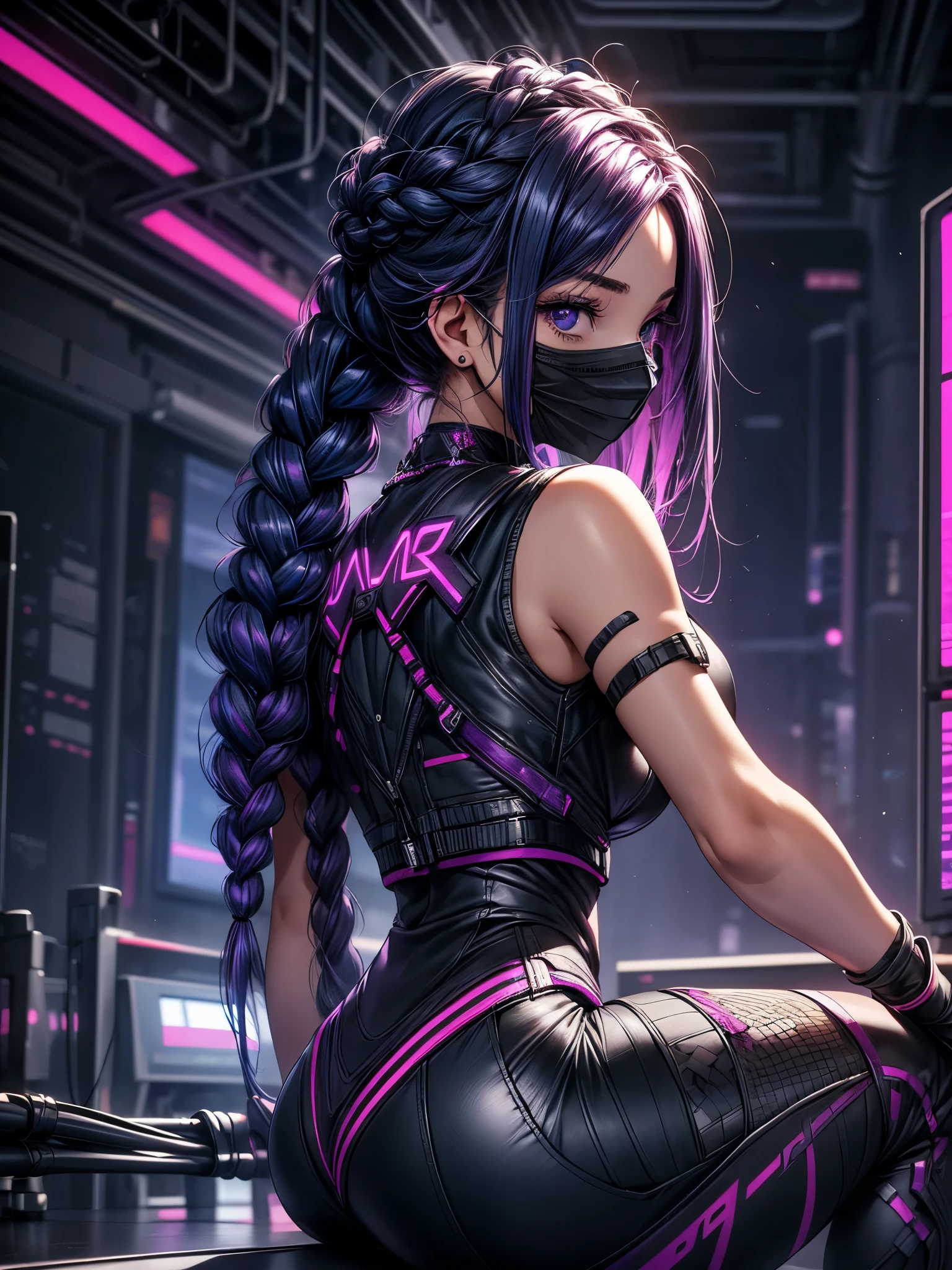 Very young girl, black mask, White skin, The code on, Hacker style, curve,sit on it、View from the side、deep purple, dark, braids, dark blue hair streaked pink purple, cable, vintage, cyberpunk, Data center background, deep purple theme, night city