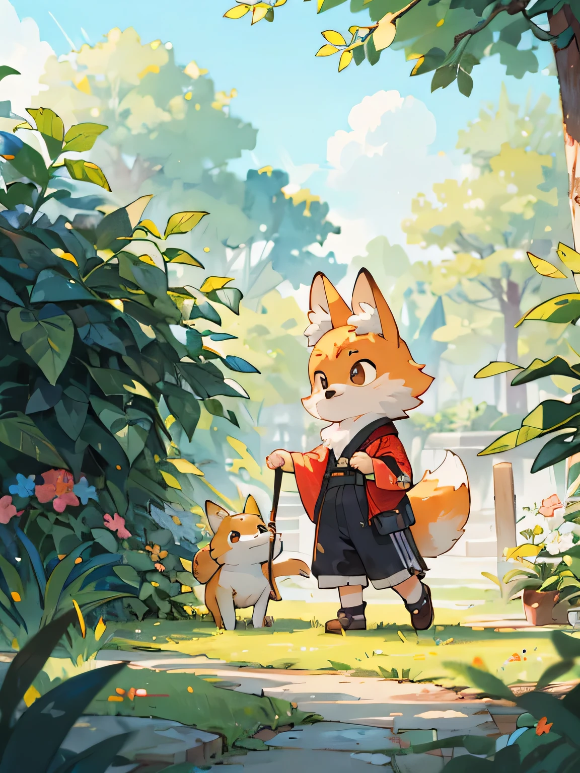 fox boy:1.5、cute little、ojo grande、pelaje naranja、pelaje esponjoso、fondo sencillo、fondo blanco、pintura de acuarela、Garden with trees
