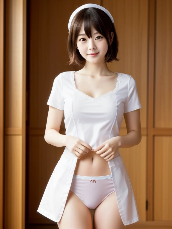 (((Small))),masterpiece, highest quality, High resolution, wallpaper, Realistic, Bright lighting, Professional Lighting, Face Light, Smooth lighting, Japanese Girls, ((Whole body 1.4)),Are standing, cute, smile, beautiful girl, gravure, sexy, so beautiful, Beautiful Skin, Beautiful and detailed、Detailed face、slim、Moderate, short hair, Blonde Hair, Brown Eyes, View your viewers,Nurse Costume,mini skirt,White Bra, Panty Shot,White panties,Sunny Flower Park,Small,
