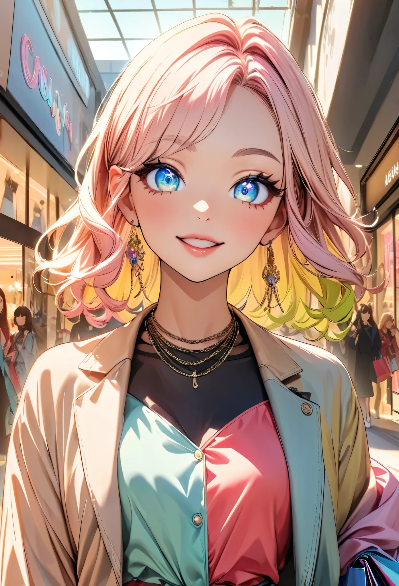 Portrait of a girl happily shopping with friends, Beautiful detailed eyes, Beautiful detailed lips, Highly detailed eyes and face, Long eyelashes, Bright colors, Soft lighting, High quality illustrations, Shopping bag, Trending Fashion, Fun expression, Bustling mall, Fashionable accessories, Stylish shoes, Window Display, fashion magazine, Modern fashion trends, Confident posture, Trendy hairstyle, Bright colors, Vibrant atmosphere, Trendy Boutiques, Happy laughter, Carefree moments, like々New Energy, Shopping spree, Convivial atmosphere, A hilarious conversation, Colorful shopping scene, Fashionable outfits, Trendy fashion items. (highest quality, High resolution), Bright colors, Stylish portrait.
