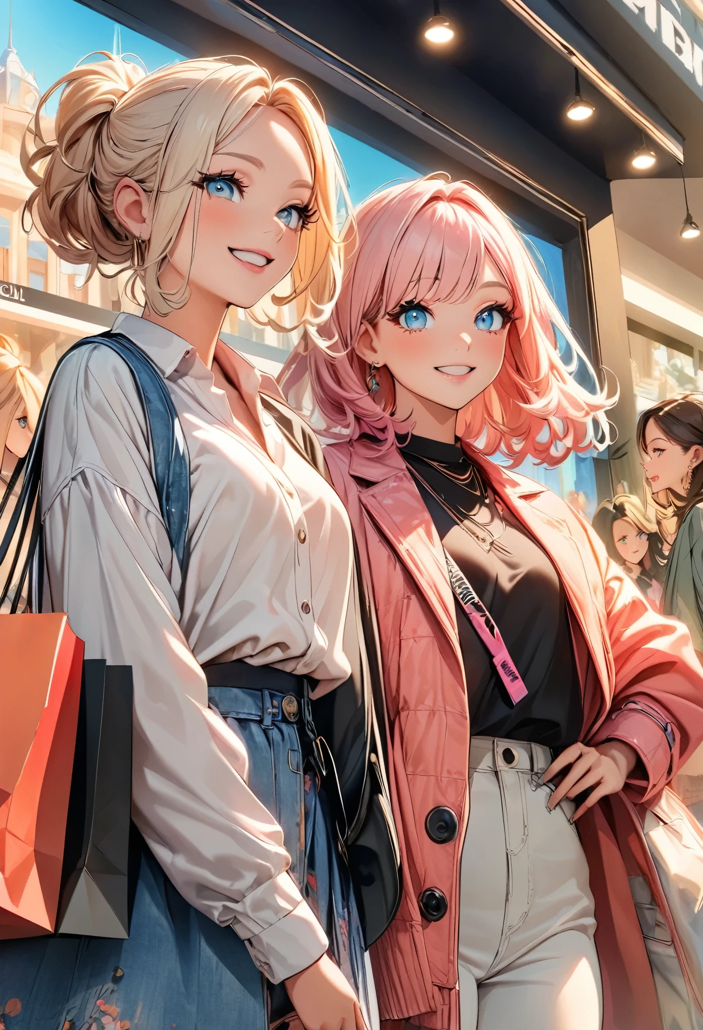 Portrait of a girl happily shopping with friends, Beautiful detailed eyes, Beautiful detailed lips, Highly detailed eyes and face, Long eyelashes, Bright colors, Soft lighting, High quality illustrations, Shopping bag, Trending Fashion, Fun expression, Bustling mall, Fashionable accessories, Stylish shoes, Window Display, fashion magazine, Modern fashion trends, Confident posture, Trendy hairstyle, Bright colors, Vibrant atmosphere, Trendy Boutiques, Happy laughter, Carefree moments, like々New Energy, Shopping spree, Convivial atmosphere, A hilarious conversation, Colorful shopping scene, Fashionable outfits, Trendy fashion items. (highest quality, High resolution), Bright colors, Stylish portrait.