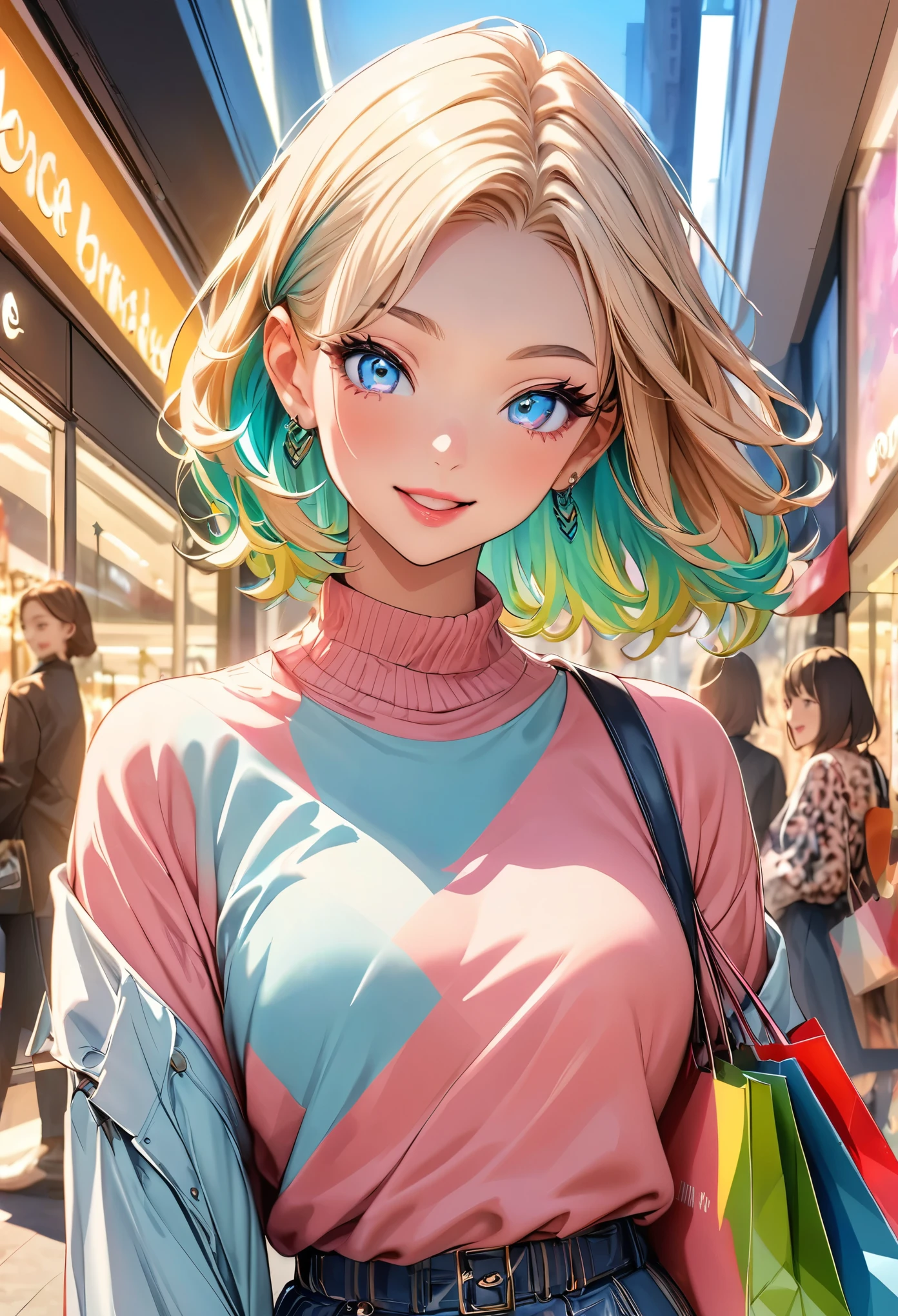 Portrait of a girl happily shopping with friends, Beautiful detailed eyes, Beautiful detailed lips, Highly detailed eyes and face, Long eyelashes, Bright colors, Soft lighting, High quality illustrations, Shopping bag, Trending Fashion, Fun expression, Bustling mall, Fashionable accessories, Stylish shoes, Window Display, fashion magazine, Modern fashion trends, Confident posture, Trendy hairstyle, Bright colors, Vibrant atmosphere, Trendy Boutiques, Happy laughter, Carefree moments, like々New Energy, Shopping spree, Convivial atmosphere, A hilarious conversation, Colorful shopping scene, Fashionable outfits, Trendy fashion items. (highest quality, High resolution), Bright colors, Stylish portrait.