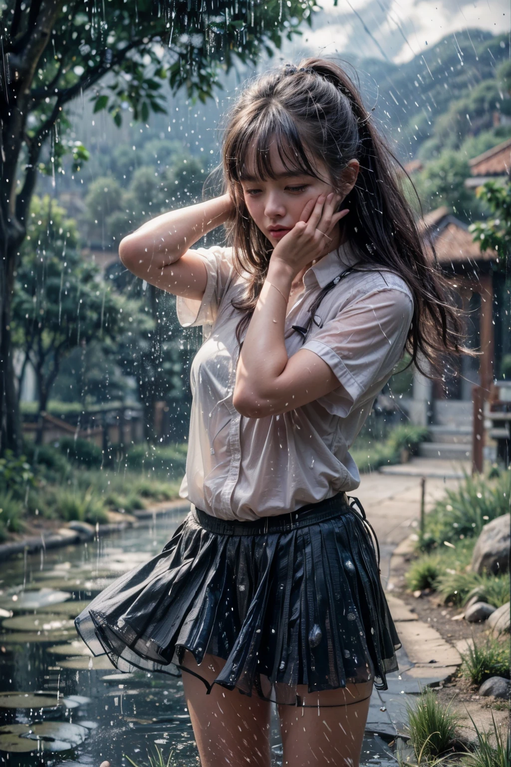 (masterpiece, best quality:1.2), (8k uhd, 16k, 32k, ultra high res), (photorealistic:1.37), ultimately intricate details, a beautiful girl crying in the countryside road, rainy, trees around the road, standing while wiping tears, wet shirt, use skirt, long hair, black hair, a bit thick