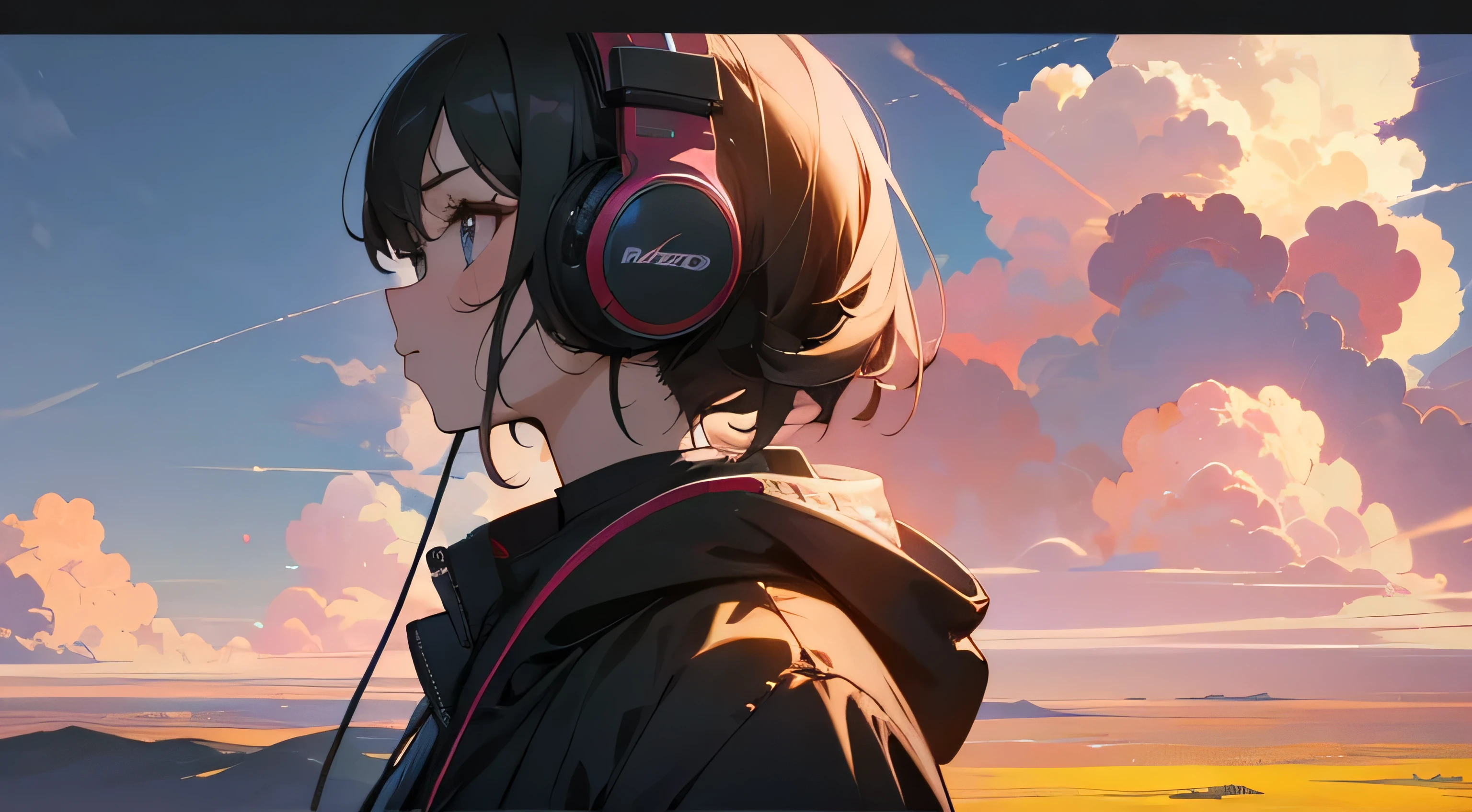 Absurd, High resolution, (Official Art, beautifully、aesthetic:1.2), Close-up, Bright Sky, A vast world, girl, Wear headphones, stare, Awe-inspiring expressions, Distant Horizon, cloud, High Hill, Natural Beauty, Inspiration, Light effects,