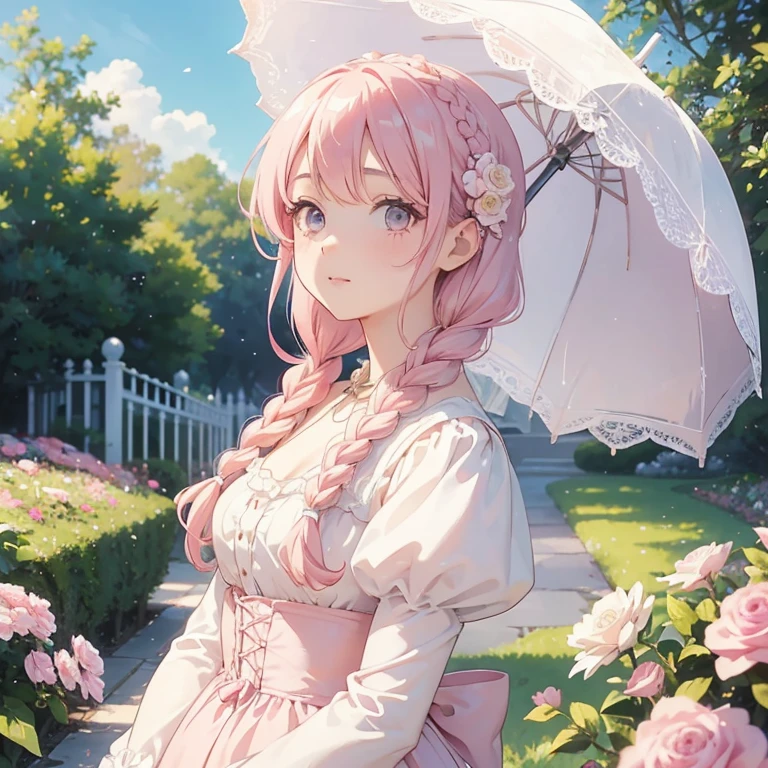 Makes a 16 year old girl, , ojos de color rosa, Kawai, looking up in a pastel pink and white Victorian style dress and a lemon pink and white parasol, Her hair is pastel pink and is braided in an elegant hairstyle., the girl is in an English style garden with pink flowers, behind a white English-style mansion all anime style 