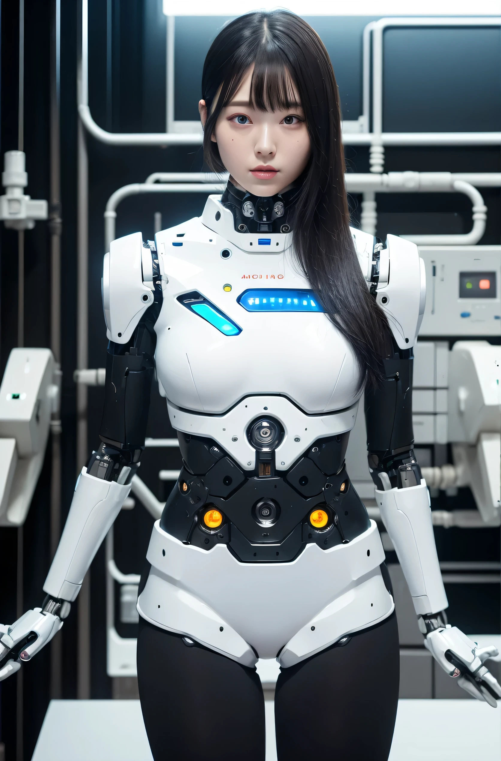 masterpiece, best quality, extremely detailed, Japaese android girl,android teacher,Plump , control panels,android,Droid,Mechanical Hand, ,Robot arms and legs, Black hair,Mechanical body,Blunt bangs,White Robotics Parts,perfect robot woman,Charging spot,Long Tube,A thick cable was connected to her neck,ceramic body ,android,robot humanoid,a bit chubby,perfect mechanical body,white robotics body,future assembly plant,white body,She has repaired,black sponge joints,android assembly plant,android,laboratory,perfect machine body,white robot body,the exhaust port is between the legs,dark black leggings,blue eyes