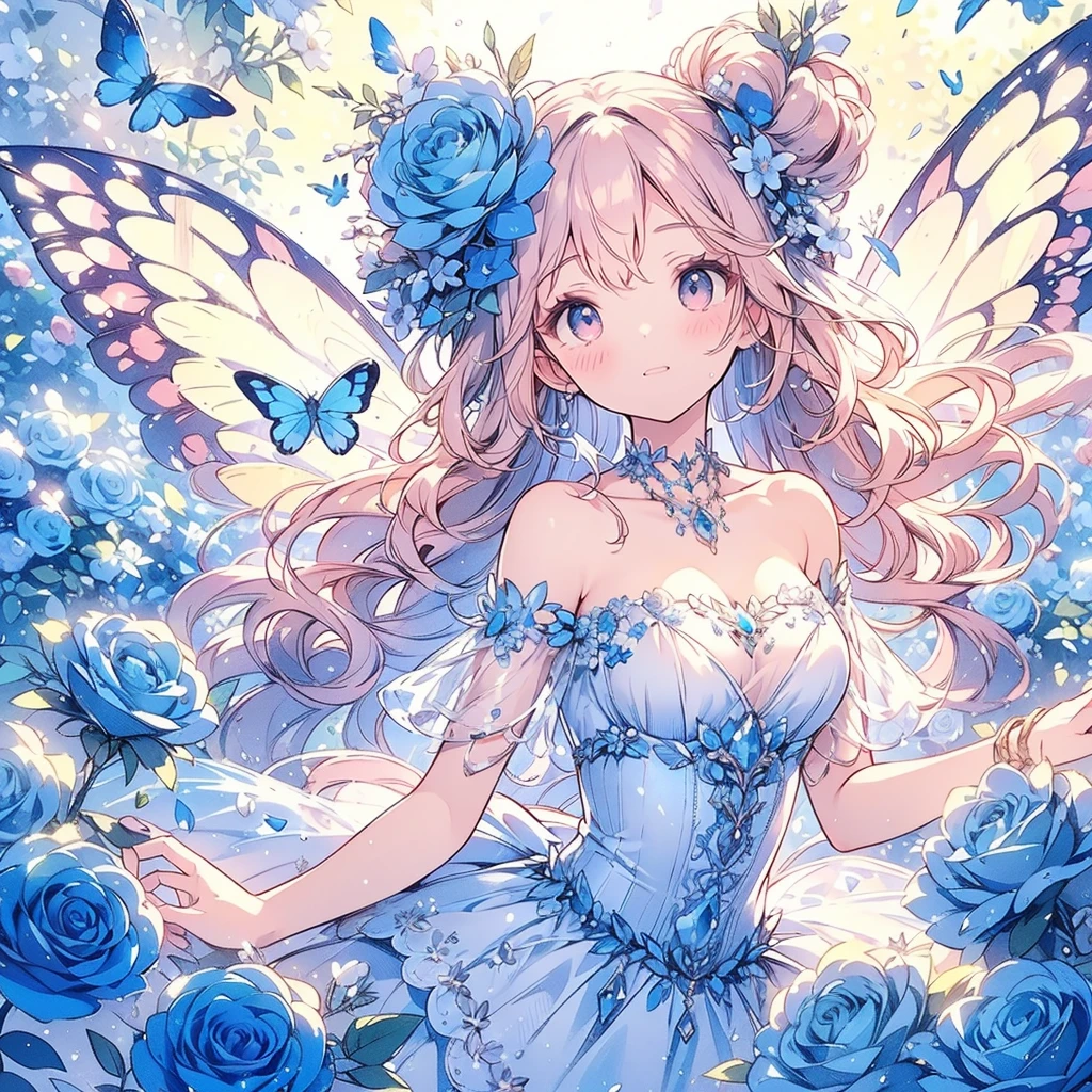 (Exquisite, beautiful, Very detailed, masterpiece, High resolution,high quality,High resolution),(Well-formed face,Soft and thin lines: 1.2, beautiful, Delicate and vivid illustrations with a mature and clear feel), A fairy princess with butterfly-like wings stands gracefully in a beautiful, fantastical flower garden filled with blue roses under a starry night sky.,whole body,Beautiful blue rose flower with petals flying,(Transparent fairy wings grow from your back), (Beautiful small sapphire tiara, earrings and choker), A ball gown dress with a blue rose motif, decorated with rose flowers, ribbons, lace and frills., (She has pale pink cheeks, plump pink lips, and a large bust, making her a fair-skinned girl with a good figure.),Colored pencil art,Vibrant and eye-catching colors,Dynamic Angles