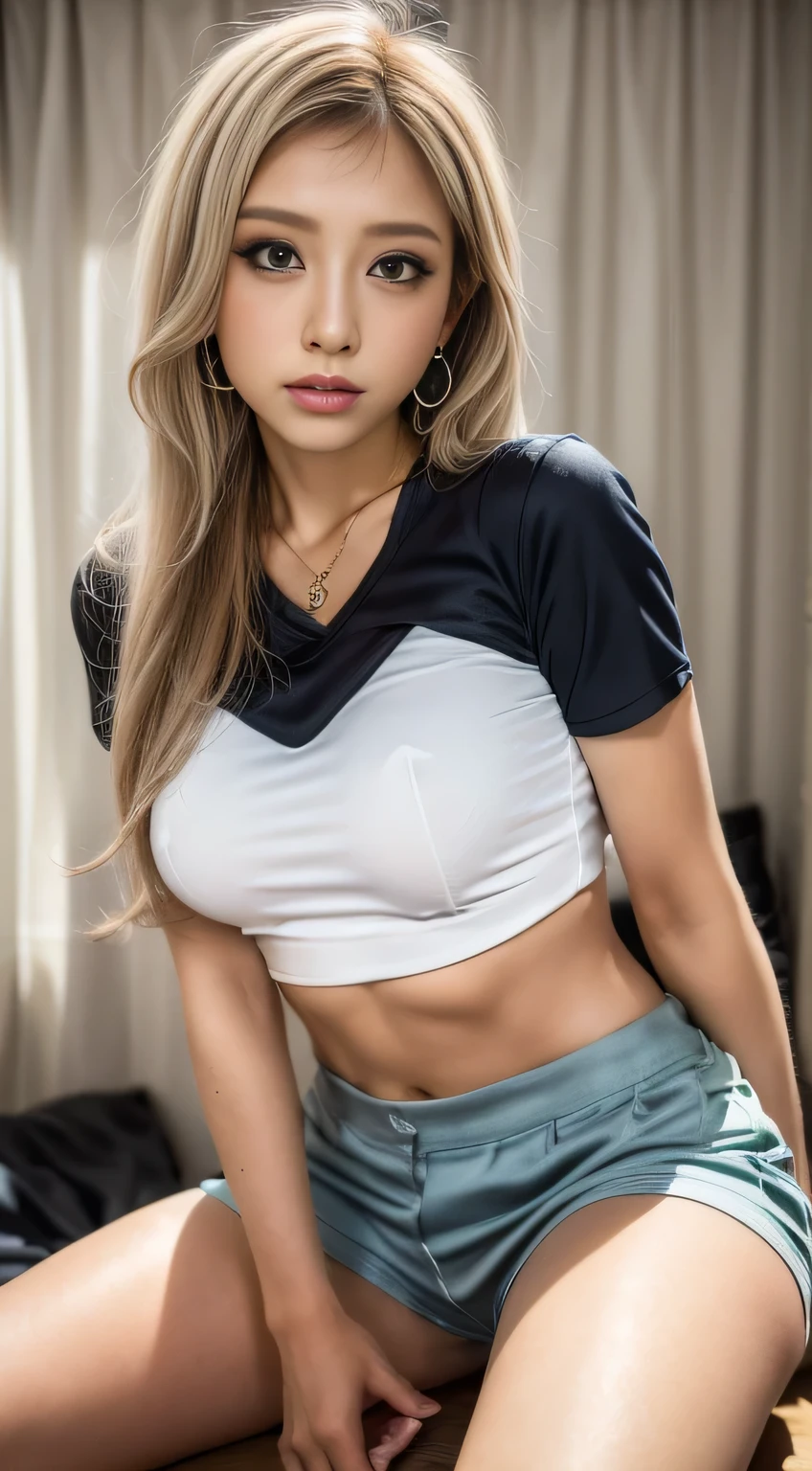 masterpiece, 8k, Award-winning photo, photo, Realistic, Very detailed, Ultra-high resolution, ///one person, The most beautiful, 20-year-old , (sexy, Japanese Idols), (Blonde:1.3),Hair splashed outside,///Human details Shiny skin , Detailed skin , Beautifully detailed face , Beautiful details , /// (double eyelid, Droopy eyes), (Brightly colored large breasts:1.2), Sunburn, ///(((Sitting,))), (From below:1.6), Remember, ///(bedroom:1.3), Blurred Background, /// jewelry,Earrings,necklace,(Berry T-shirt:1.5),(Shorts),(Sexy lips:1.5),(Sweaty body:1.4),A well-trained body,(Trained abdominal muscles:1.2),Galfuku,(Torn clothes),Troubled face,
///Finished ultra-Realistic textures, RAW Photos,Shine,