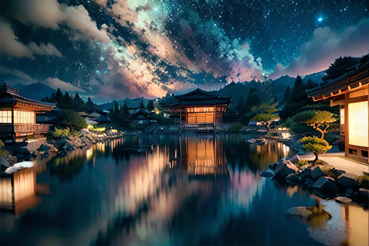 (Realistic:1.3), In detail, quality, Rembrandt Lighting, (masterpiece:1.2), (photoRealistic:1.2), (best quality), (Intricate details), dramatic, Ray Tracing, Kyoto, Kinkakuji Temple, lake, (Long-distance shots, Establishing Shot:1.5), water, (reflection:1.1), Night Sky, performer, milky way, 