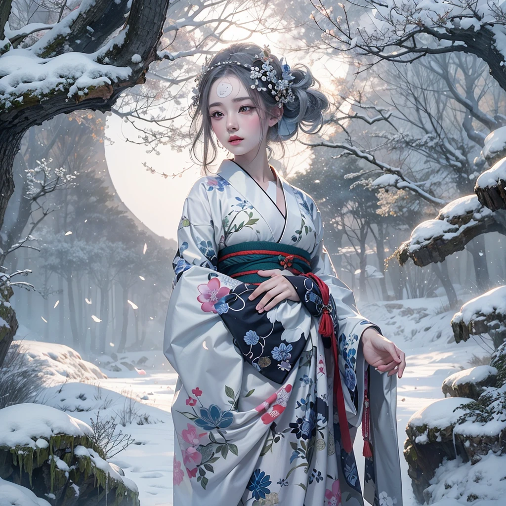 (Award-winning masterpiece, Very detailed, Texture and maximum detail), (Surreal:1.4), (stunningly anatomically perfect and beautiful style:1.9), (Transparent white skin and the highest quality realistic texture:1.8), (Yuki-onna in Japanesefolk tales:1.6), (Accurate perfect circle, Symmetrical pitch black eyes), (detailed and breathtakingly beautiful face:1.6), (Aesthetic and decadent atmosphere:1.7), (Calm, Traditional Japanese kimono that covers the whole body、that'Broken in places, Elegant and delicate pattern:1.8), (Pale skin, but、White skin and face:1.6), (beautiful, Shiny hair blown by the wind:1.8), (Oiran's Hyogomage:0.6), (Decadent attire, Delicately crafted accessories:1.8), (Fallen Beauty:1.6), (Pitch black eyes that seem to glow from within:1.7), (Less exposed skin), (The strong moonlight shines from above:1.7), ((Dramatic Photos)), ((Cinematic light)), (look up), (Looking down), (Dramatic Pose), (Smoke effects and mesmerizing lights:1.4), (Bamboo forest behind:0.3), Amida Hall in the back, Vermilion torii gate(fog:1.3), Wind effects, Swirling Snow, Winter Storm, wind and rain, (fogが漂う:1.3), Snowstorm Ice Field, A quiet snowy field illuminated by moonlight, Midnight in a snowy town, (Dark Night, Full moon night, Crescent Moon Night), Spectacular and realistic, Faded, ((Neutral Tones)), art, (High resolution:1.5), (Calm colors:1.2), Very detailed, (artstation:1.5), Cinematic, Warm Light, Light effects, Dramatic Light, (Intricate details:1.1), Complex background, (Greg Rutkowski:0.8), (blue green and orange:0.4)