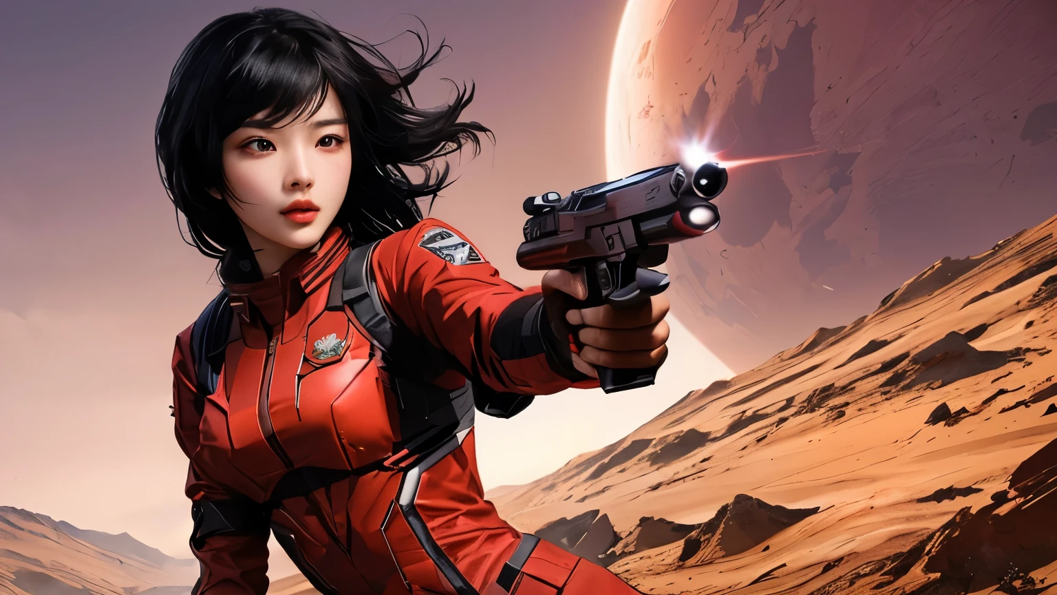One beautiful woman。Twenty years old。Black Hair。Wearing red combat uniform、Holding a small ray gun。She's standing in a wilderness that reminds her of Mars.。
