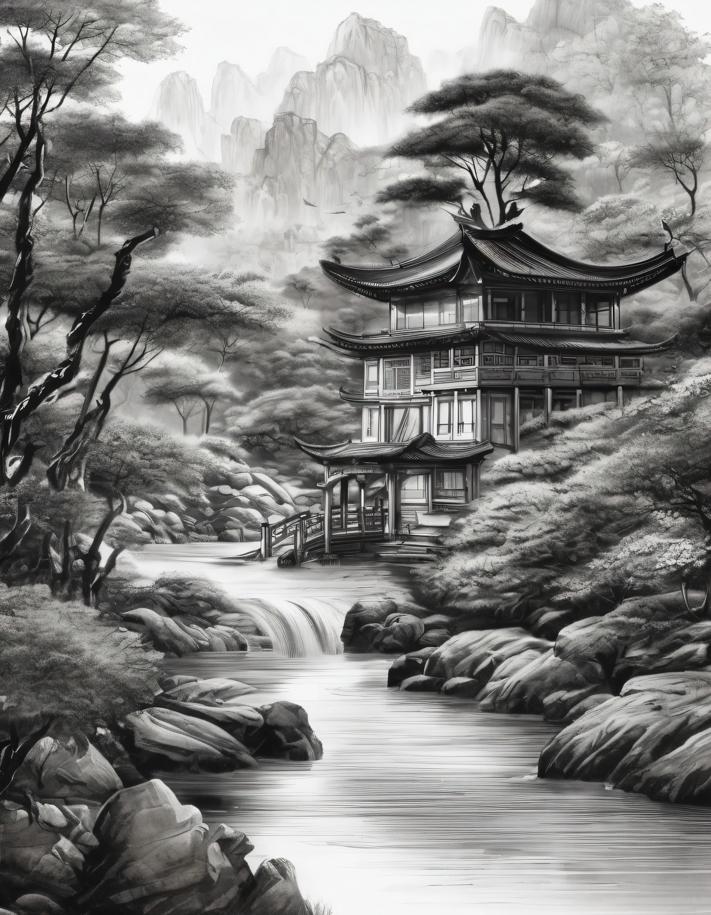 (Landscape painting in Chinese boundary painting art style), meticulous,Chinese Ink Painting,bamboo,
,Line Art, Black and White, Simple Black and White Drawing,Chinese ancient style,beautiful Line Art, Black and White comic style, Comic art style, Black and white coloring its beautiful ink Line Art,