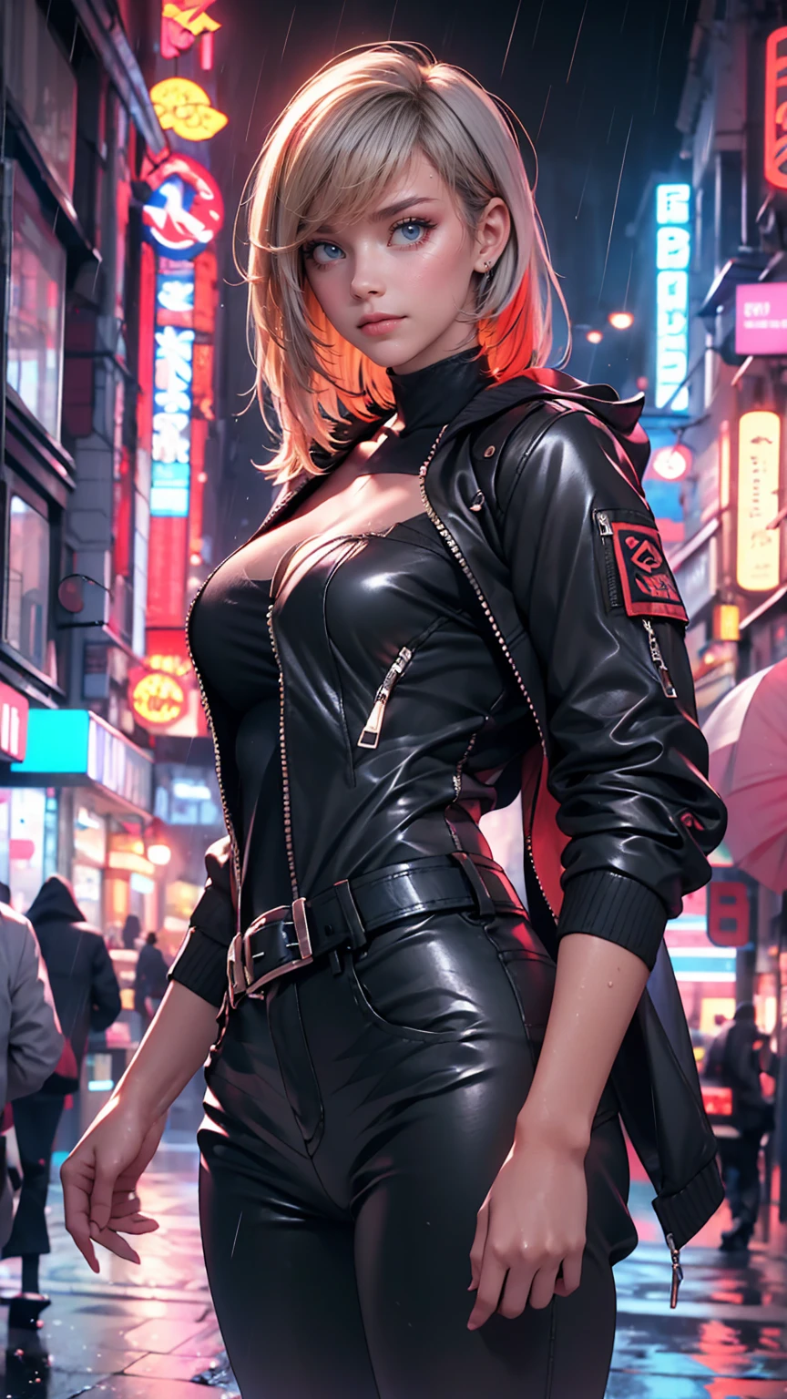 Portraiture, 1 girl, Beautiful Face, Asymmetrical Hair, Multi-coloured hair, belt, Bodysuits, Covered my mouth, Covered navel, Removable sleeves, Grey Eyes, Hip vents, Open jacket, cute, View the viewer, Night City, neon, Rainy,
