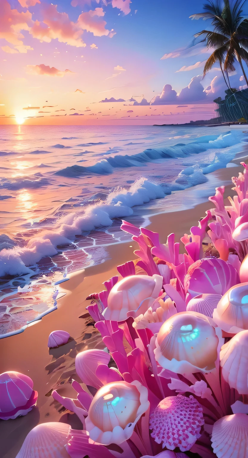 pink shells and shell on a beach at sunset, amazing beach, Perfect Sea, Pearl and shell, Beautiful wallpapers, Pink jellyfish are everywhere, Beautiful art UHD 4K, shell, Beautiful ocean, beautiful beach, Amazing wallpapers, Beach sunset background, Beautiful and magical Palm Beach, Pink sunshine, Beautiful digital artwork, Pink Sunset, beautiful iphone wallpapers