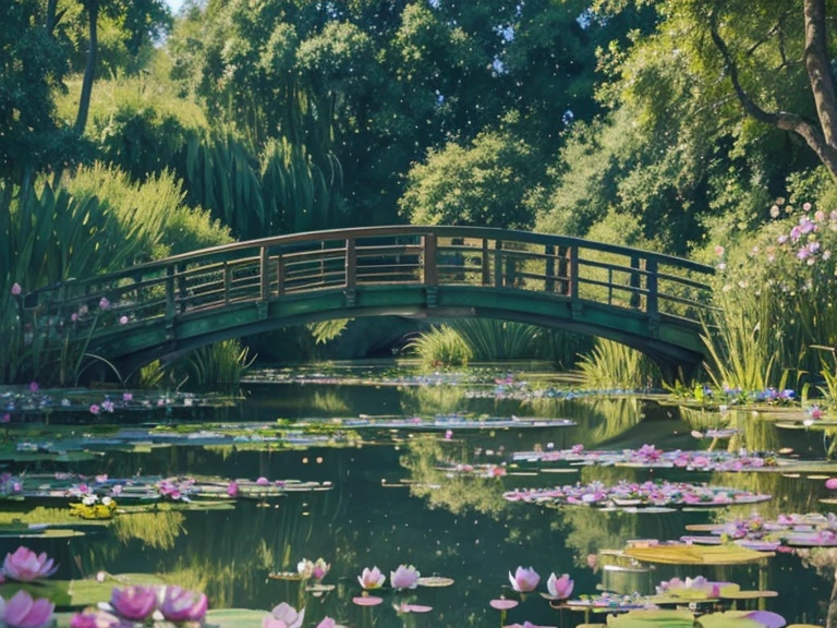 a scene in Claude Monet's style, impressionistic landscape, vibrant colors, soft brushstrokes, natural lighting, a pond with water lilies, a bridge over the pond, flowers in bloom, reflections in the water, dappled sunlight, trees with lush foliage, a peaceful atmosphere, a gentle breeze, shimmering water, a sense of tranquility
