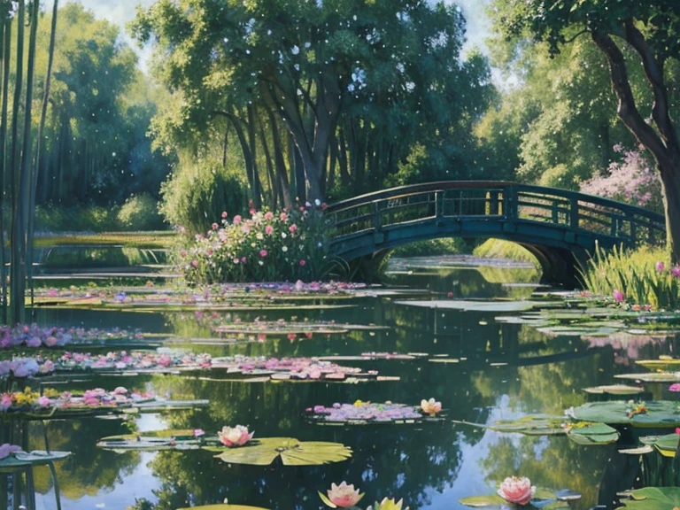 a scene in Claude Monet's style, impressionistic landscape, vibrant colors, soft brushstrokes, natural lighting, a pond with water lilies, a bridge over the pond, flowers in bloom, reflections in the water, dappled sunlight, trees with lush foliage, a peaceful atmosphere, a gentle breeze, shimmering water, a sense of tranquility
