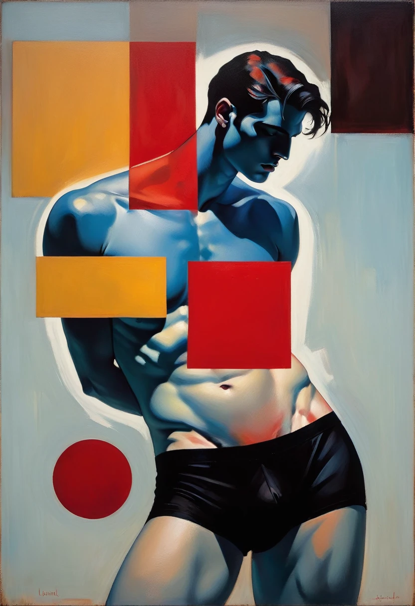 chiaroscuro technique on sensual illustration of an arafed man in white underwear, sexy masculine, diego fazio, male model, by Ludovit Fulla, model with attractive body, inspired by Ludovit Fulla, mid-shot of a hunky, the model draped in flowing, thick oil painting by Harumi Hironaka, extremely soft colors, vibrant, highly detailed, malcolm liepke painting, oil on canvas, high contrast, dramatic, refined, tonal, Create high contrast between light and shadow fire around, there is a red circle on a blue and red square, inspired by Bauhaus, in a shapes background, brown red blue, circle forms, red blue, by Leon Polk Smith, memphis abstract minimal art, graphic shapes, minimal art, blue and red, minimal art style, bauhaus art, inspired by El Lissitzky, bold simple shapes