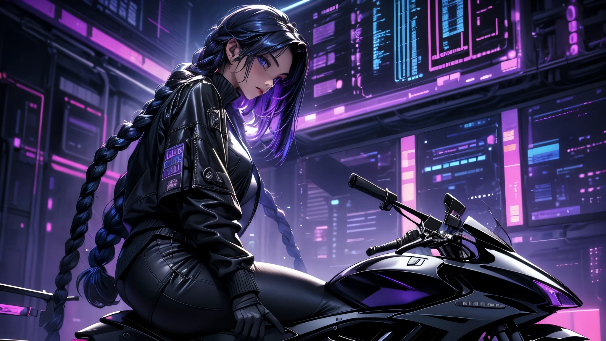 Very young girl, black mask, White skin, The code on, Hacker style, curve,sit on it、View from the side、deep purple, dark, braids, dark blue hair, cable, vintage, cyberpunk, Data center background, deep purple theme, night city