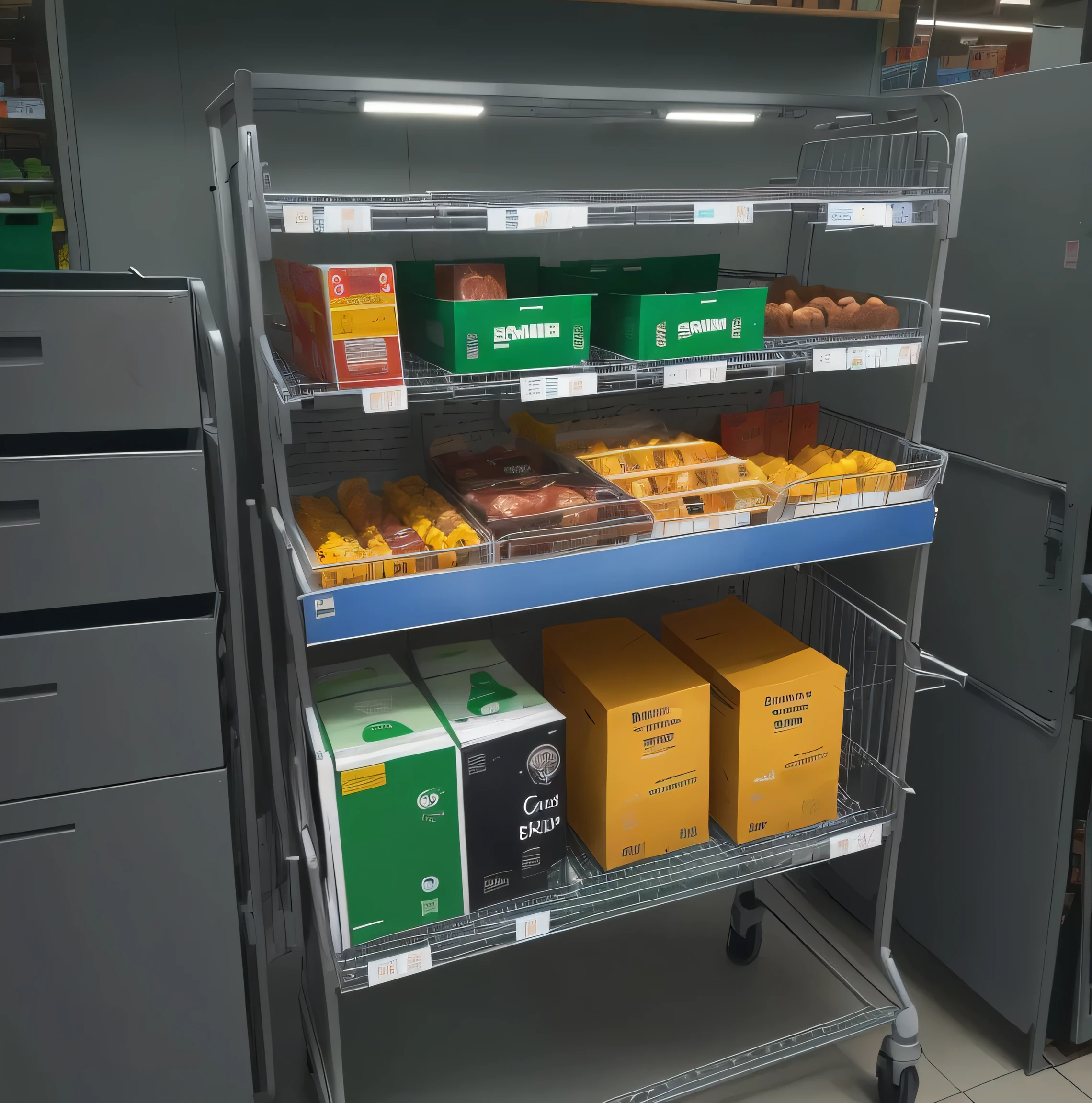 Rack with products and goods in a supermarket