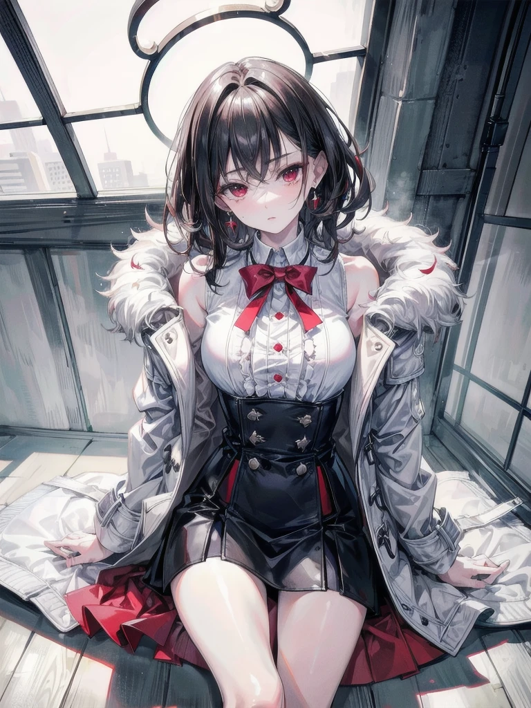 duffle coat, absurdres, RAW photo, extremely delicate and beautiful, masterpiece, Best Quality, ultra high resolution, 32k, hyperrealistic, ultra-detailed, detailed description, pale skin, 20 years old, tearful mole, earring, short medium hair, wavy hair, whole body shot, legs, Red eyes,