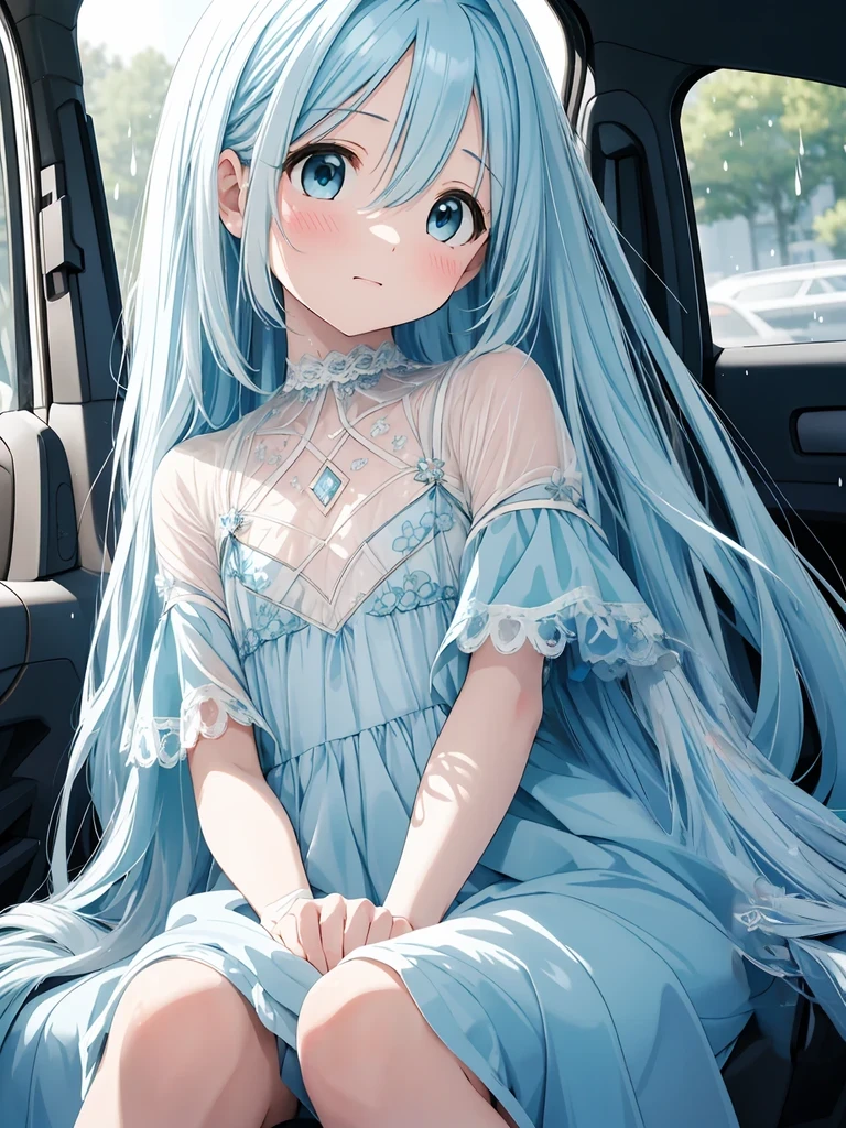 masterpiece, best quality, extremely detailed, (illustration, official art:1.1), 1 girl ,(((( light blue long hair)))), ,(((( light blue long hair)))),light blue hair, ,10 years old, long hair ((blush)) , cute face, big eyes, masterpiece, best quality,(((((a very delicate and beautiful girl))))),Amazing,beautiful detailed eyes,blunt bangs((((little delicate girl)))),tareme(true beautiful:1.2), sense of depth,dynamic angle,,,, affectionate smile, (true beautiful:1.2),,(tiny 1girl model:1.2),)(flat chest)),masterpiece,best quality, masterpiece, highres, 1girl,1 girl, sitting in a car, depressed expression, lonely, disappointed, raining outside, night、Perfect hands
