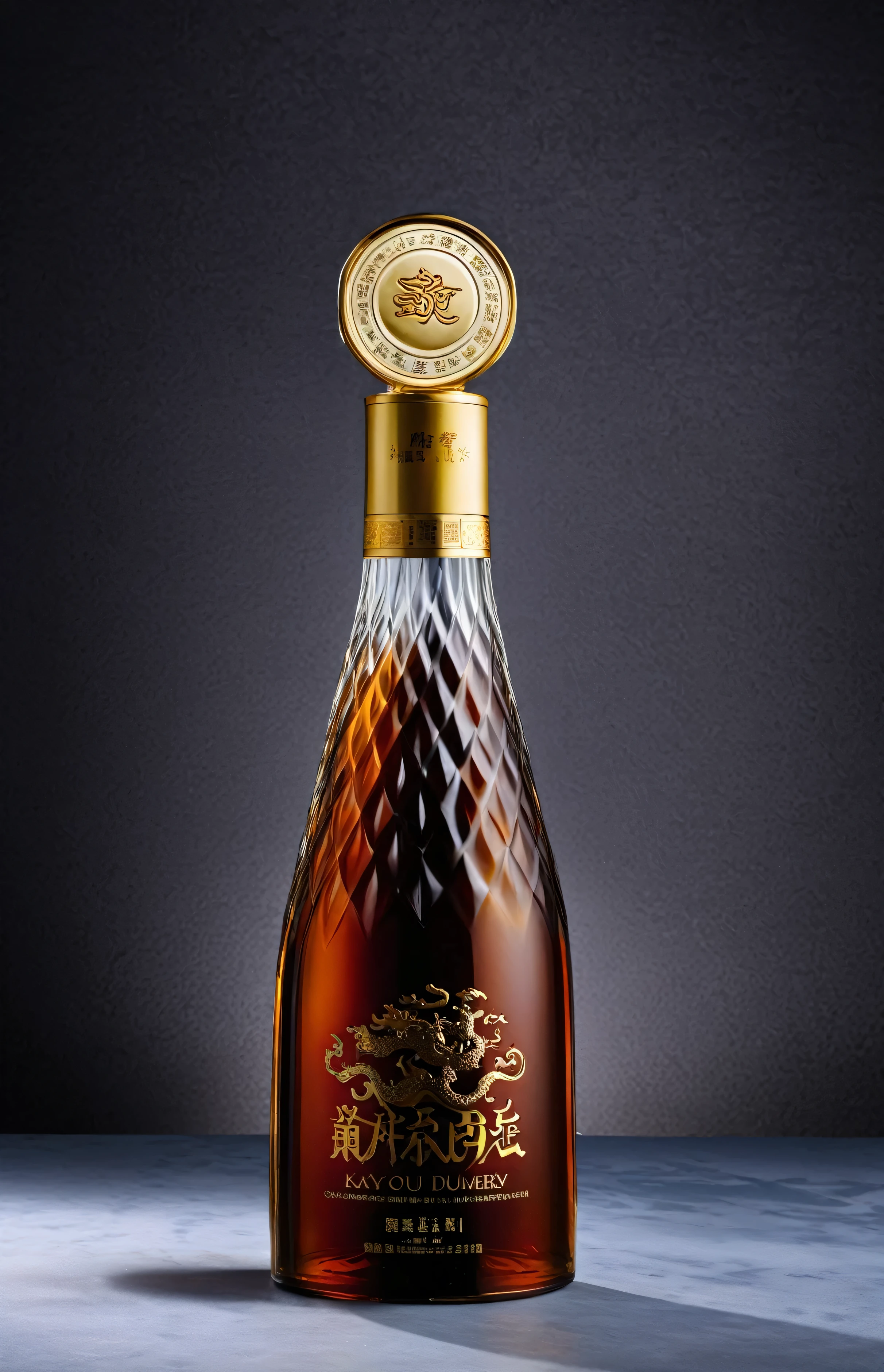 A bottle of brandy with a gold cap lies on the table, wine, sha xi, wine bottle, Very exquisite whiskey bottle, Kay, Yuan-You, Pure champagne Damery, 5 years old, Very detailed product photos, daoshu, Oslais, The award-winning masterpiece, su fu, The award-winning, The award-winning,The upper part of the bottle has a wave-shaped relief effect