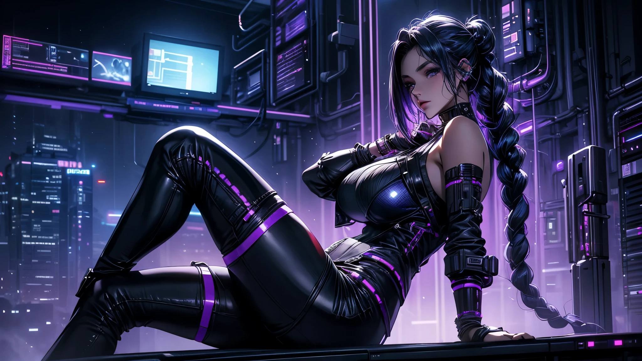 Very young girl, black mask, White skin, The code on, Hacker style, curve,sit on it、View from the side、deep purple, dark, braids, dark blue hair, cable, vintage, cyberpunk, Data center background, deep purple theme, night city