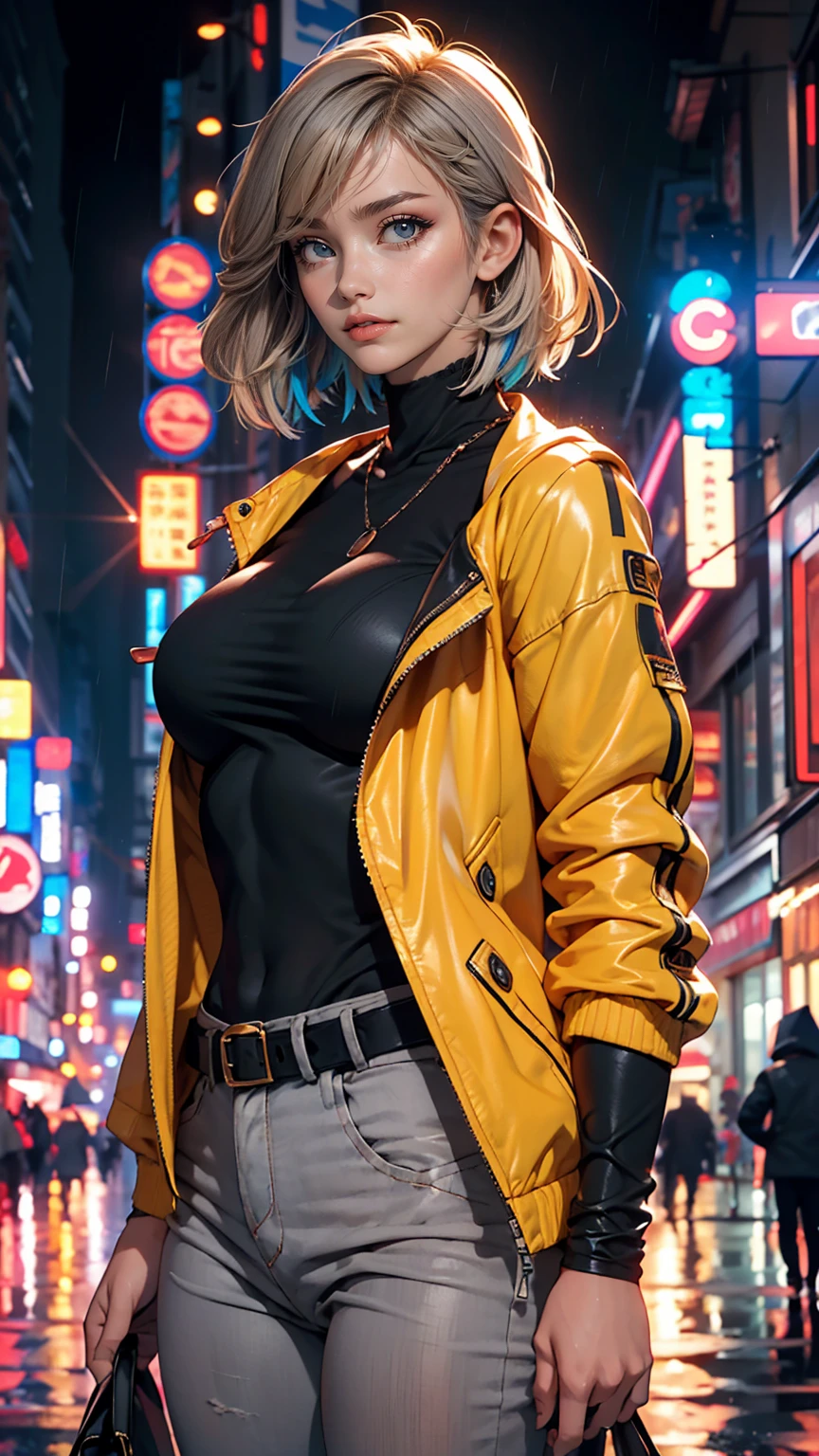 tmasterpiece, beste-Qualit, Direct view, the most beautiful Mexican 1girl 25 years old, (photo-realistic: 1.4), Huge yellow eyes, (Half-body shot:1.3), white colored hair, bent over, arched forward, ((Body Half Sideways)), looks at the viewer, Average Breasts, suntanned skin, a necklace, Short Hair Hair, (Yellow transparent jacket on bare body:1.2), official arts, Unity 8k壁纸, Ultra-detailed, Beautiful and aesthetically pleasing, tmasterpiece, (Imitation of oil smears:1.3), Elegant, bright colours, romanticism, Depth of field, ((cinematic)),