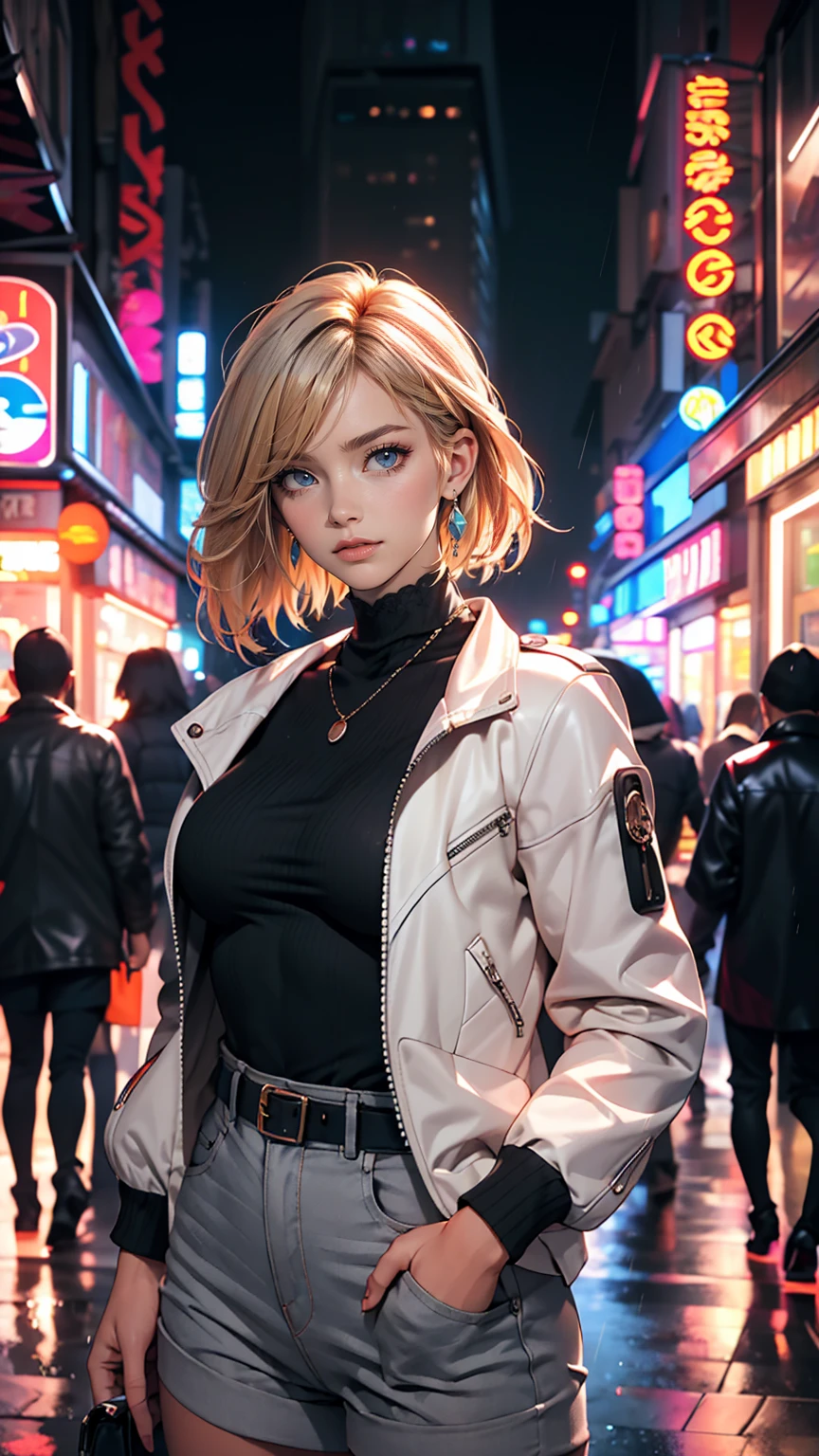 Portraiture, 1 girl, Beautiful Face, Asymmetrical Hair, Multi-coloured hair, belt, Bodysuits, Covered my mouth, Covered navel, Removable sleeves, Grey Eyes, Hip vents, Open jacket, cute, View the viewer, Night City, neon, Rainy,