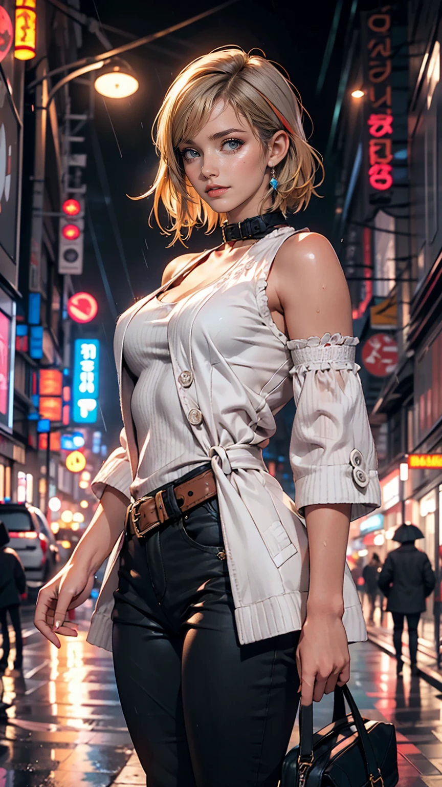 Beautiful 25 year old woman, Black Hair, Bobcut, blue eyes, Big Breasts, Shiny Hair, Choker on neck, leather jacket, With San Francisco in the background, transformation, Evil Aura, night, Earrings, Fishnet tights, detailed, masterpiece, High resolution, (Perfect hands).