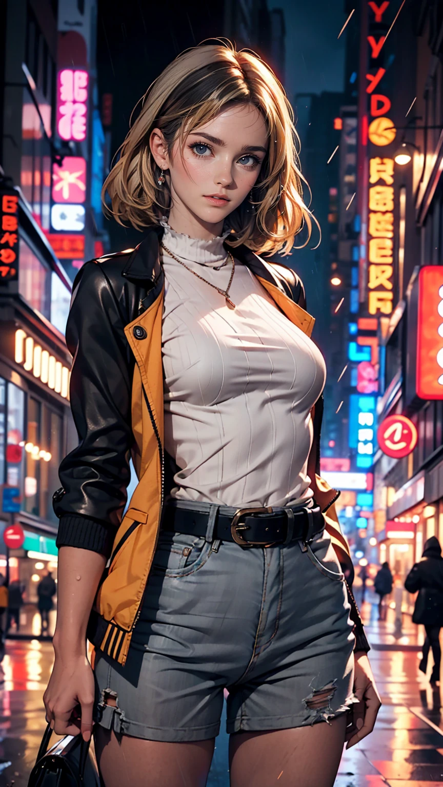 Portraiture, 1 girl, Beautiful Face, Asymmetrical Hair, Multi-coloured hair, belt, Bodysuits, Covered my mouth, Covered navel, Removable sleeves, Grey Eyes, Hip vents, Open jacket, cute, View the viewer, Night City, neon, Rainy,