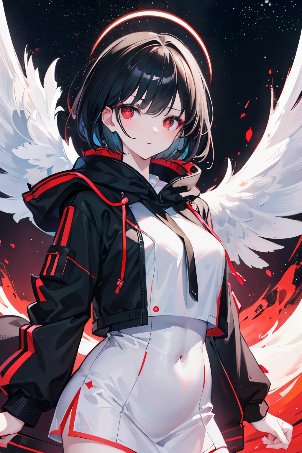 Gentle,(highres,8k,close-up,samdoesarts-style,black short hair,red eyes,detailed facial features,night sky with starry galaxy) high detail,8k,close-up,samdoesarts style,(((a woman with short black hair and red eyes))),((with detailed facial features)),the background is the starry night sky and the Milky Way,1girl,bishoujo,ager,white_skin,shiny_skin,glamor,plump,slender face,air bangs,short hair,black hair,red eyes,half-closed eyes,black_wings,hoodie,full_shot,(sunlight),(angel),dynamic angle, floating, wing, halo, floating white silk,(Holy Light),silver stars,
