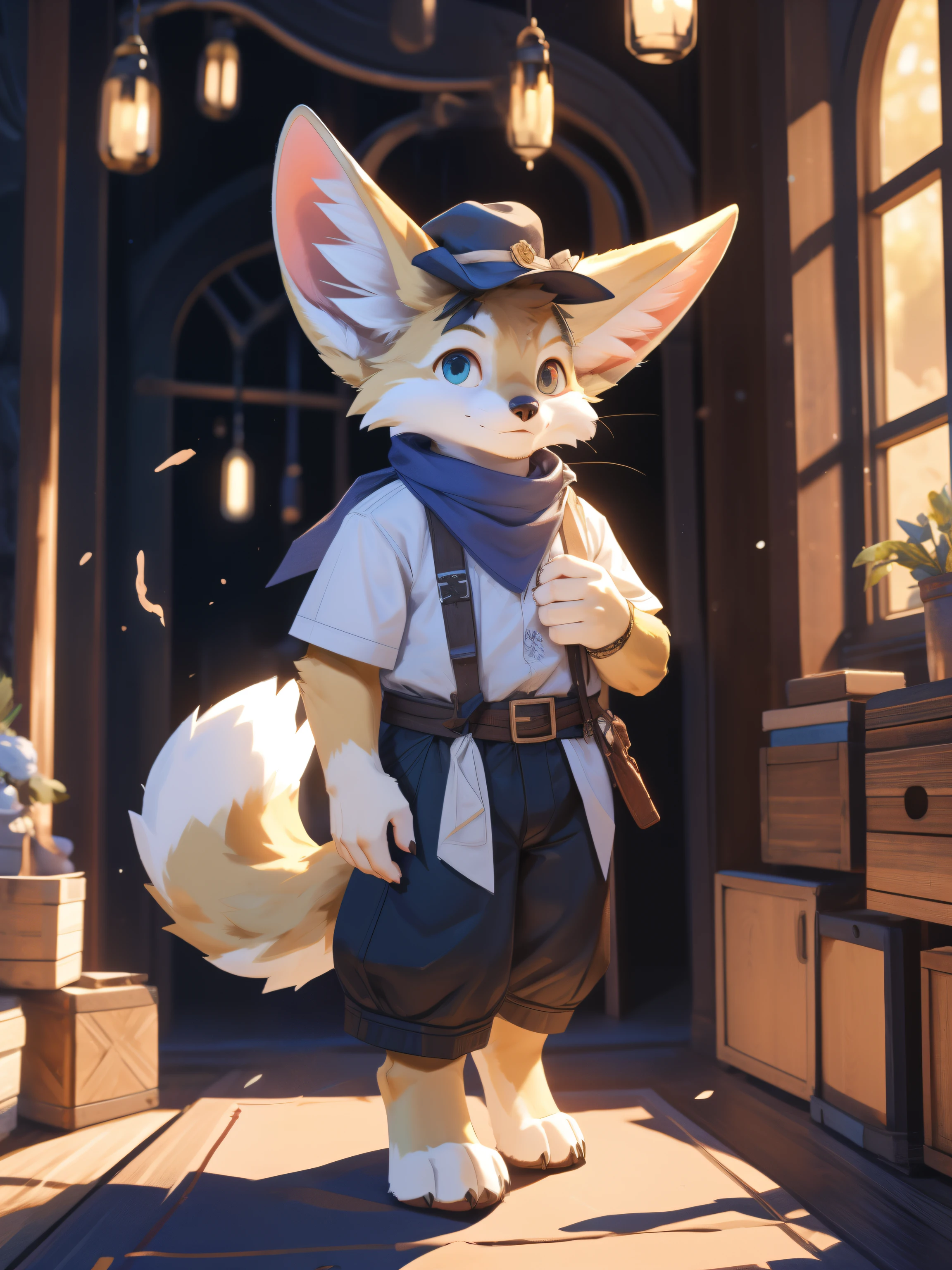 full-length portrait,anthro,hi res,male,juvenile,strong,adventurer,Flesh-colored fur,Fennec fox,hat,White scarf,White ears,Legs white plush feet,White plush paw,Detailed eyes,Delicate eyes,Extremely high detail,8k high definition characters,enthusiasm