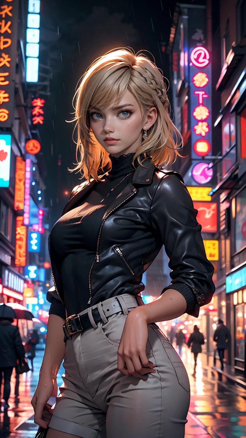 Portraiture, 1 girl, Beautiful Face, Asymmetrical Hair, Multi-coloured hair, belt, Bodysuits, Covered my mouth, Covered navel, Removable sleeves, Grey Eyes, Hip vents, Open jacket, cute, View the viewer, Night City, neon, Rainy,