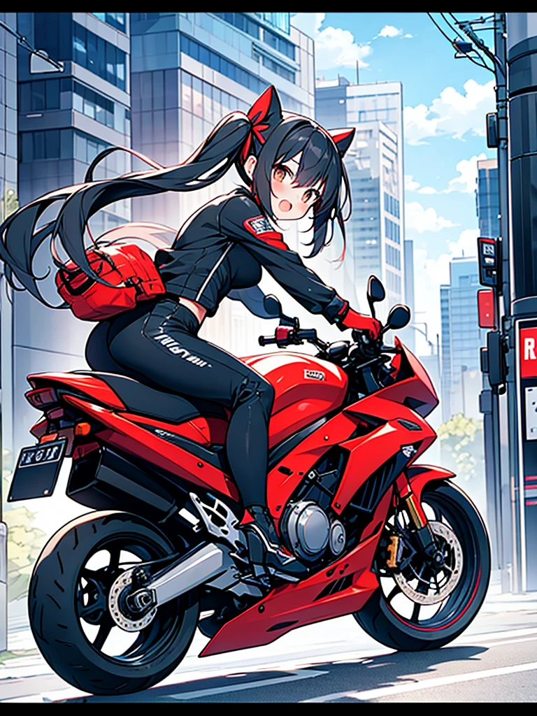 Twin-tailed girl on a motorcycle with peppy performance,black long twintail,